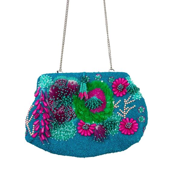 Zara Multicolor Floral Beaded Crossbody Bag with Silver Chain Strap Embellished - Picture 4 of 10